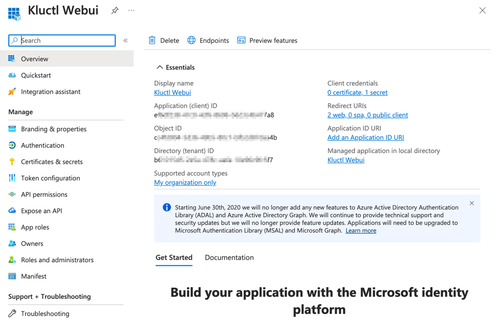 Azure App registration’s Overview